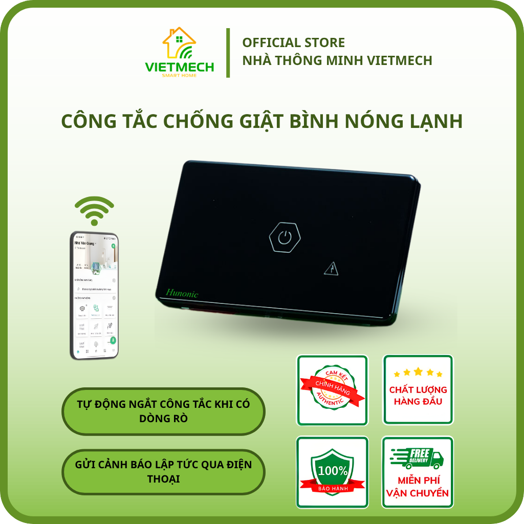 Công Tắc Chống Giật Bình Nóng Lạnh Wifi Hunonic Datic
